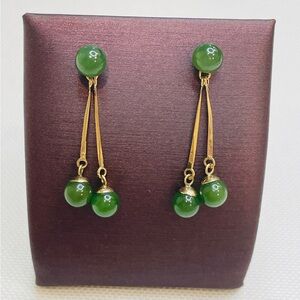 Vintage 14K Yellow Gold Jade Ball Bead Dangle Drop Stud Earrings